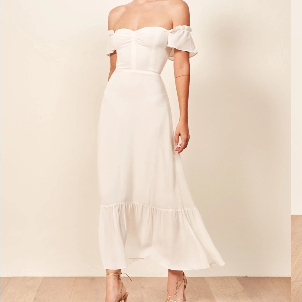 Reformation Butterfly Dress Ivory Midi Off The Shoulder Georgette Bridal 0 NWT